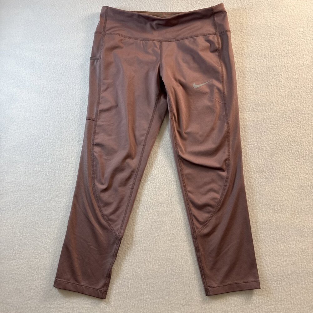 Nike Dri-FIT Womens‎ Mauve Cropped Leggings Side Pocket Back Zip Tights Small